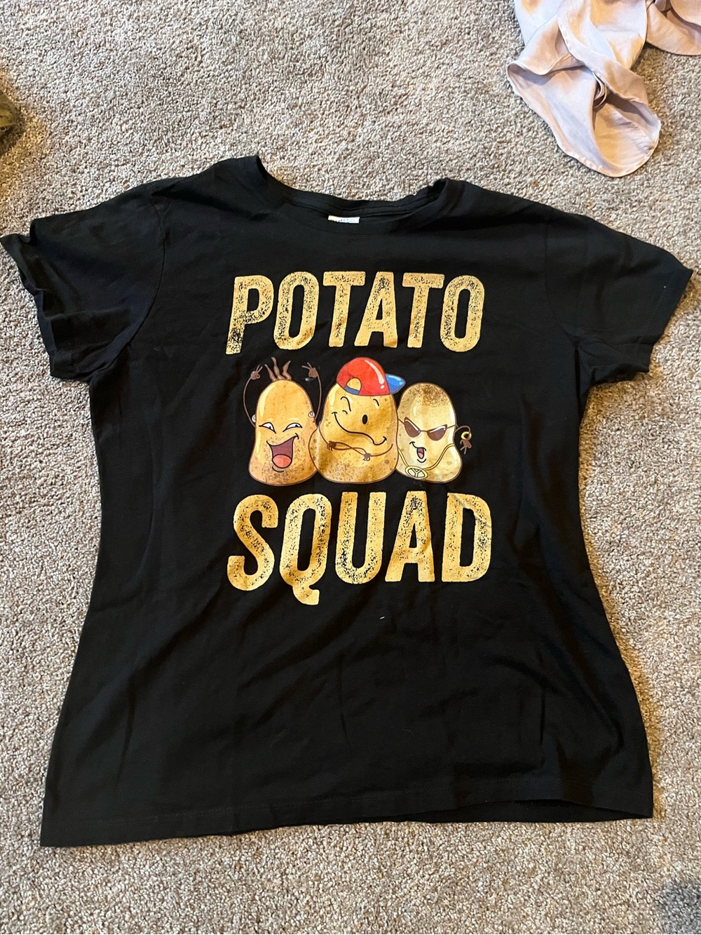 Vintage Potato Squad Graphic Tee - Black with Yellow Print, Large